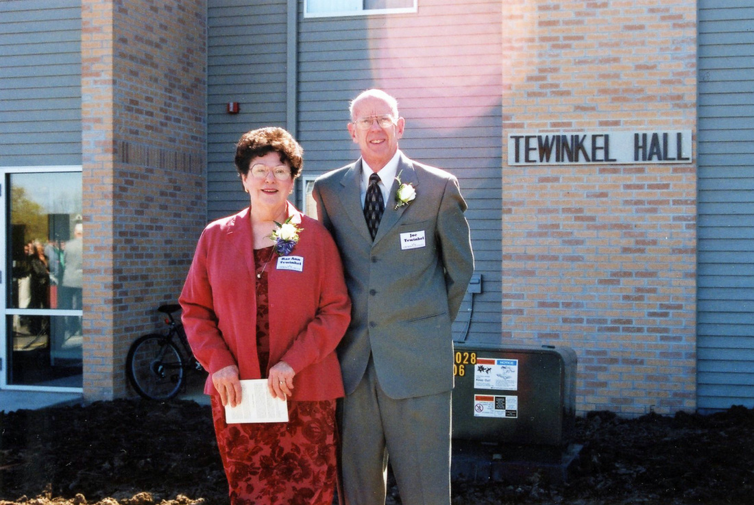 Doctor Joe M. Tewinkel with His Wife in Front of Tewinkel Hall